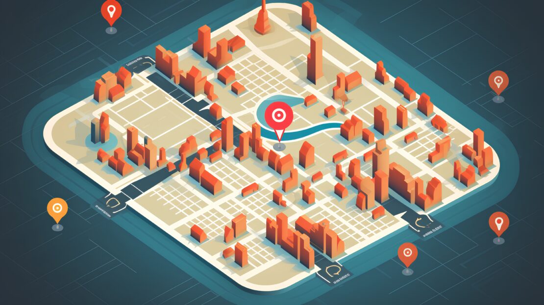 A geofencing concept of a 3D map showing a city layout. Within that city are multiple "location" pinpoints (like one would see on Google Maps).