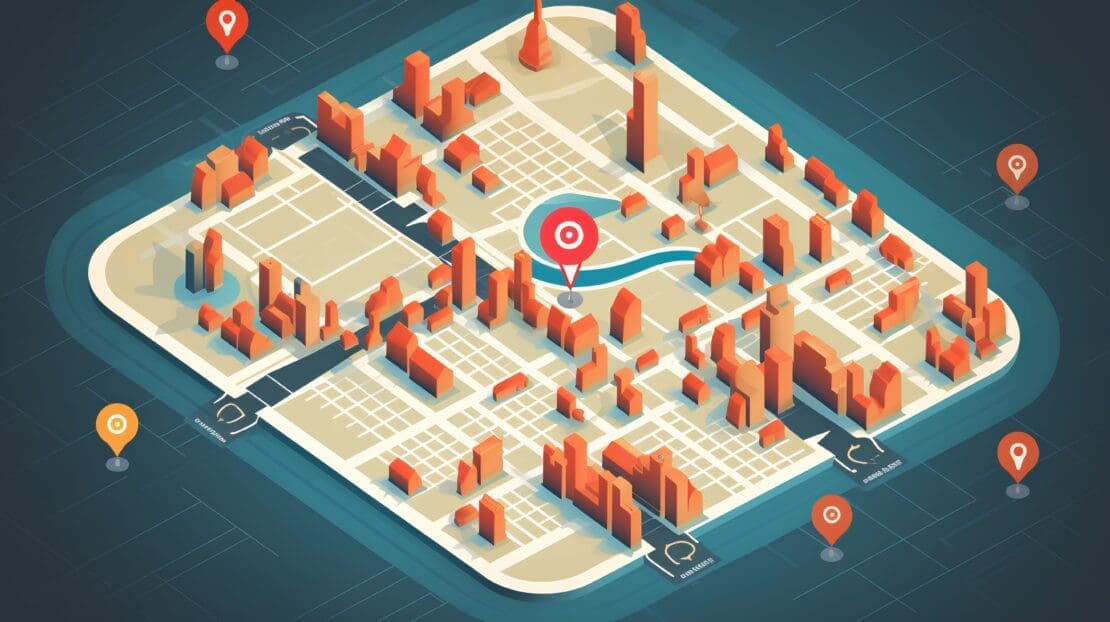 A geofencing concept of a 3D map showing a city layout. Within that city are multiple "location" pinpoints (like one would see on Google Maps).