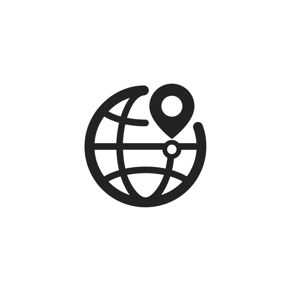 A black-and-white icon of a globe with a location pin inside of it. The icon represents geofencing.