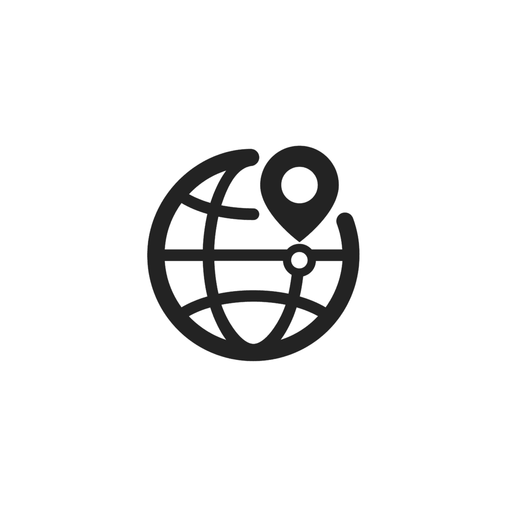 A black-and-white icon of a globe with a location pin inside of it. The icon represents geofencing.