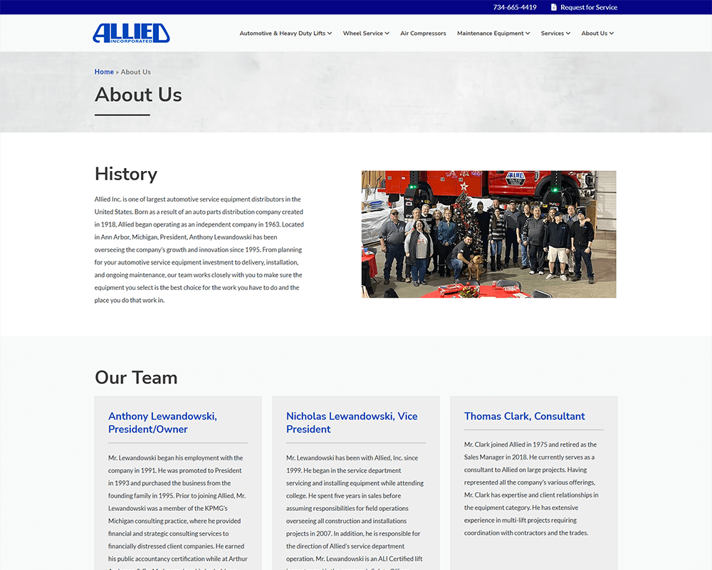 Screenshot of Allied Equipment - About Us page