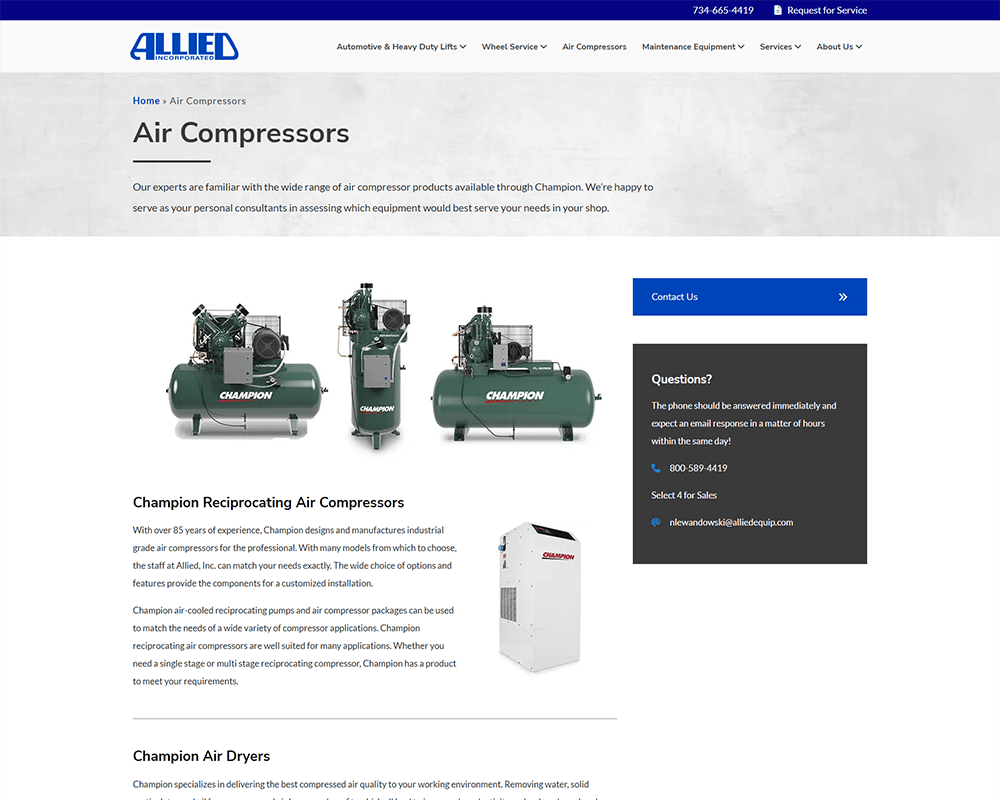 Screenshot of Allied Equipment - Air Compressors page