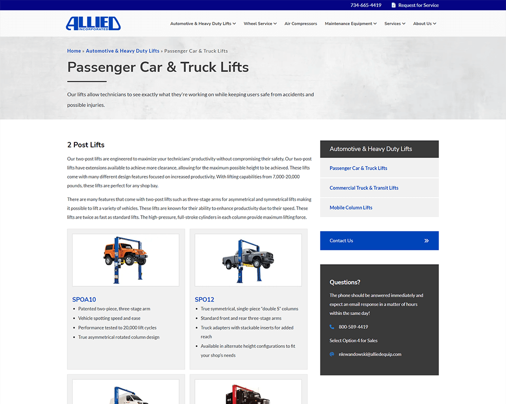 Screenshot of Allied Equipment - Passenger Car & Truck Lifts page