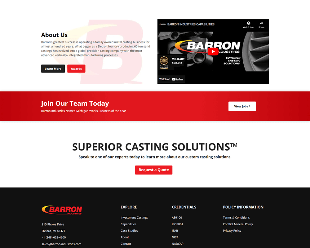 Screenshot of Barron Industries - About Us section
