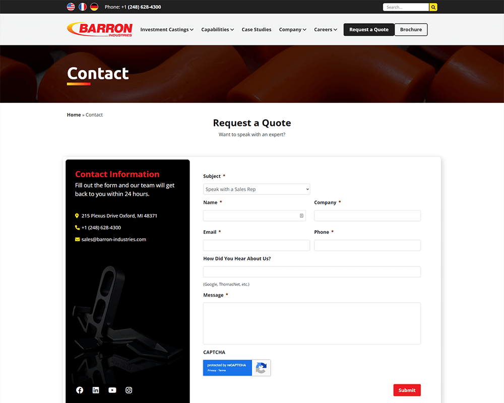 Screenshot of Barron Industries - Contact page
