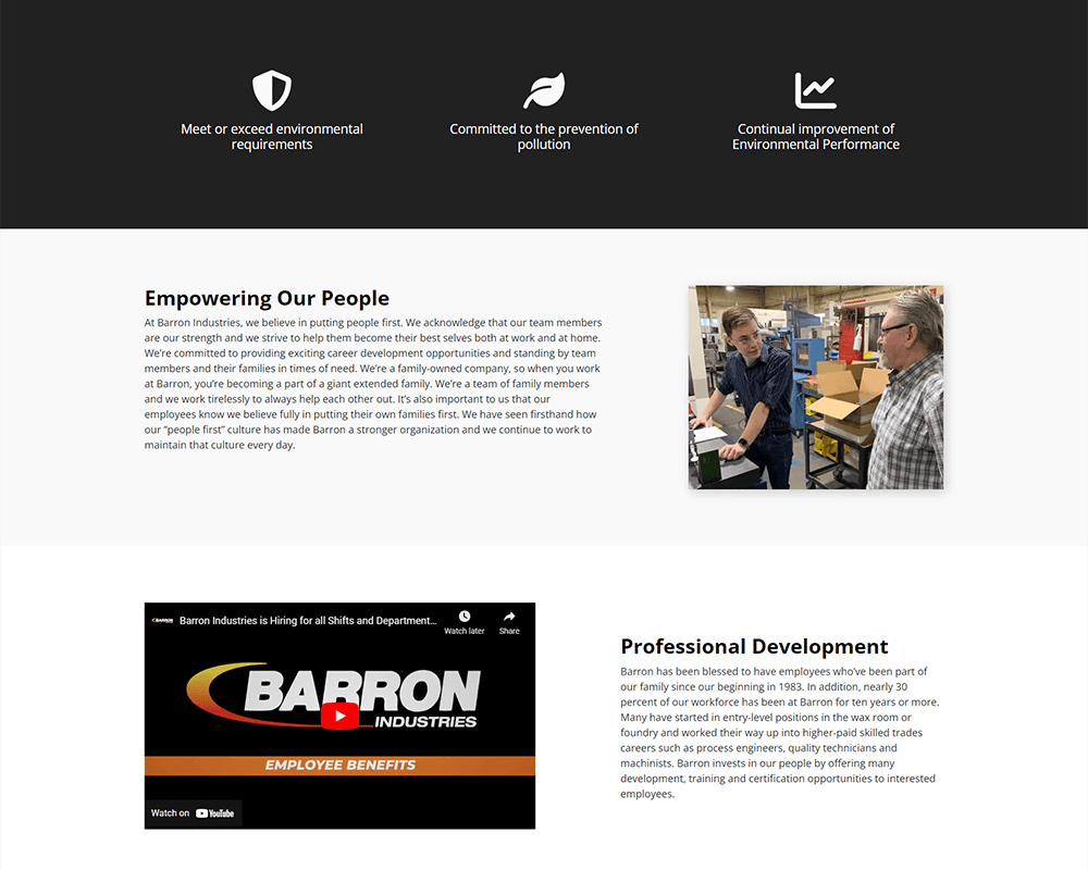 Screenshot of Barron Industries - Corporate Responsibility page
