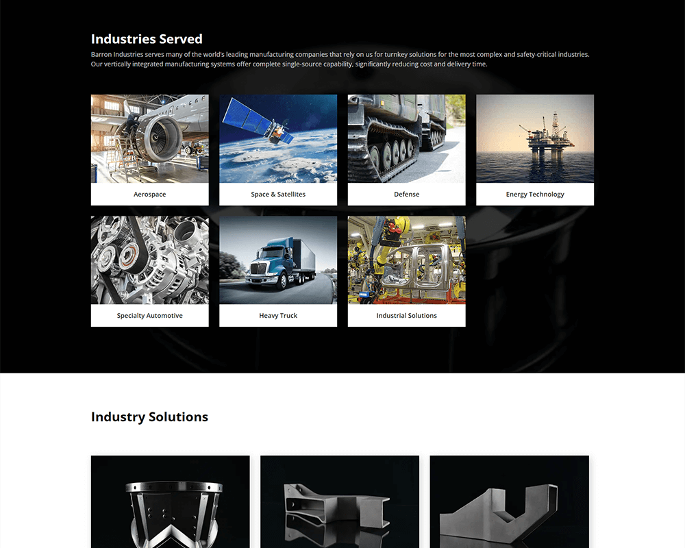Screenshot of Barron Industries - Industries Served section