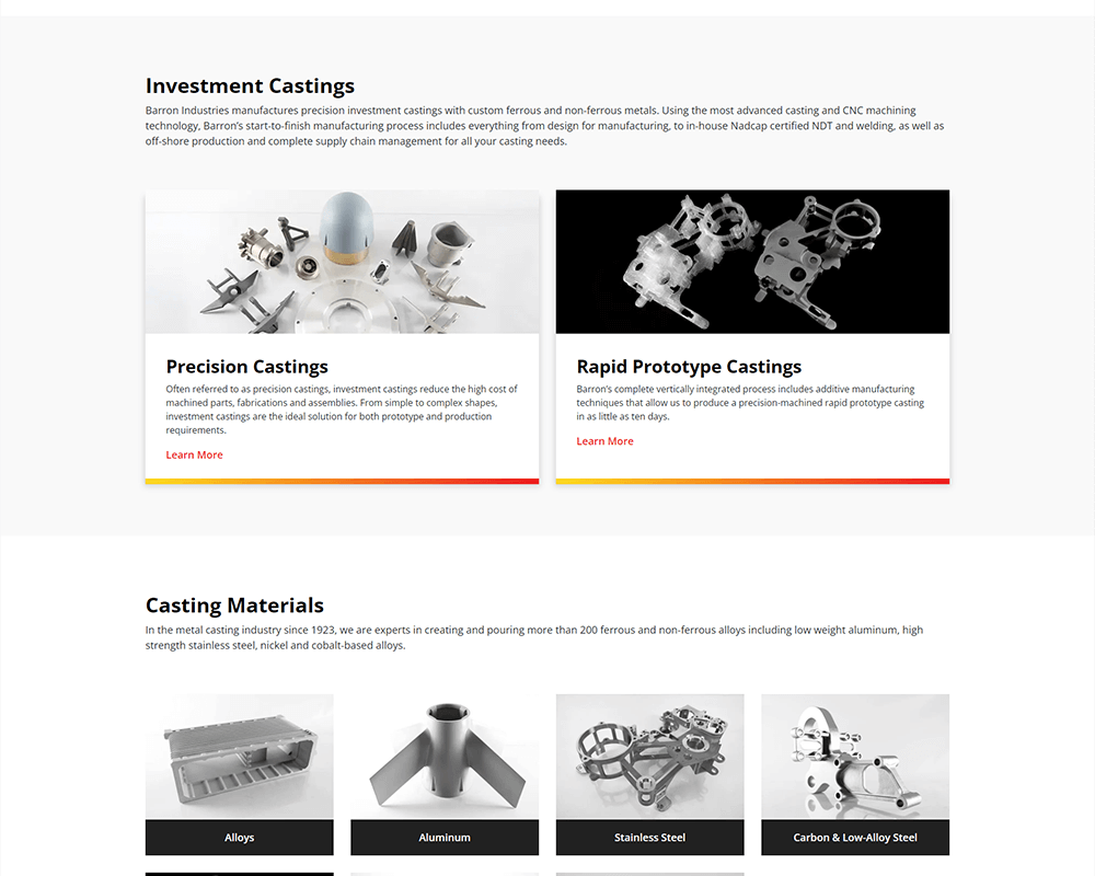 Screenshot of Barron Industries - Investment Castings section