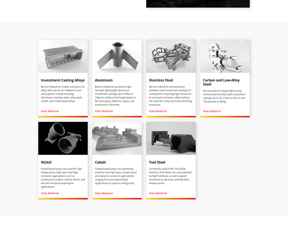 Screenshot of Barron Industries - Materials page