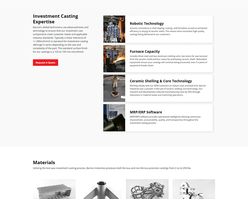 Screenshot of Barron Industries - Investment Casting Expertise section