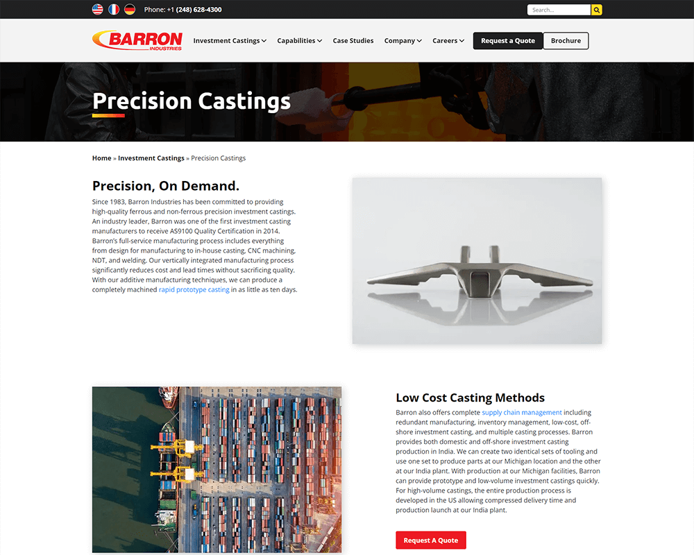 Screenshot of Barron Industries - Precision Castings page