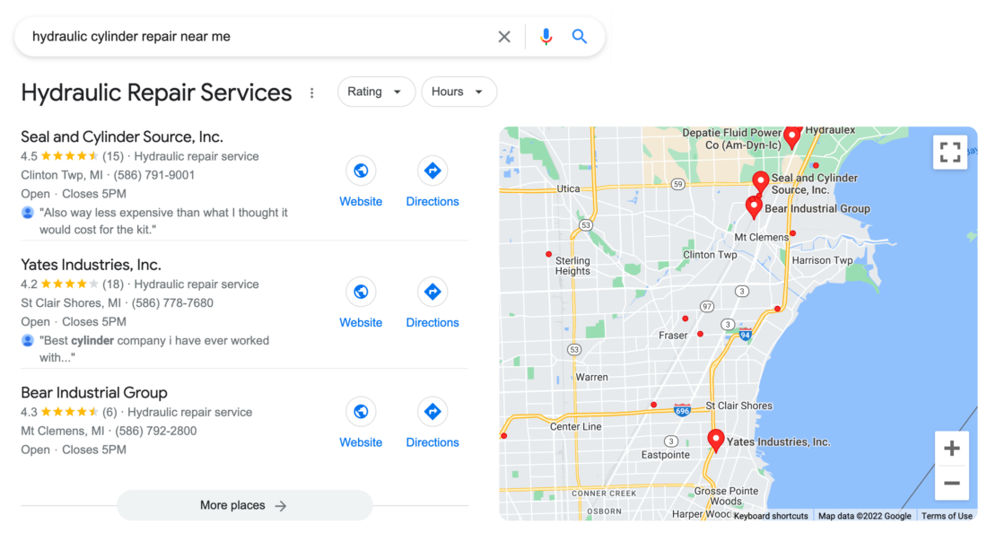 Google search results for the keyword "hydraulic cylinder repair near me."