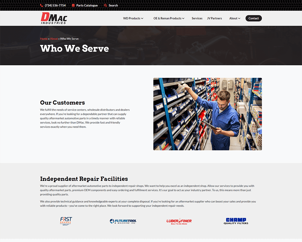 Screenshot of DMac - Who We Serve page