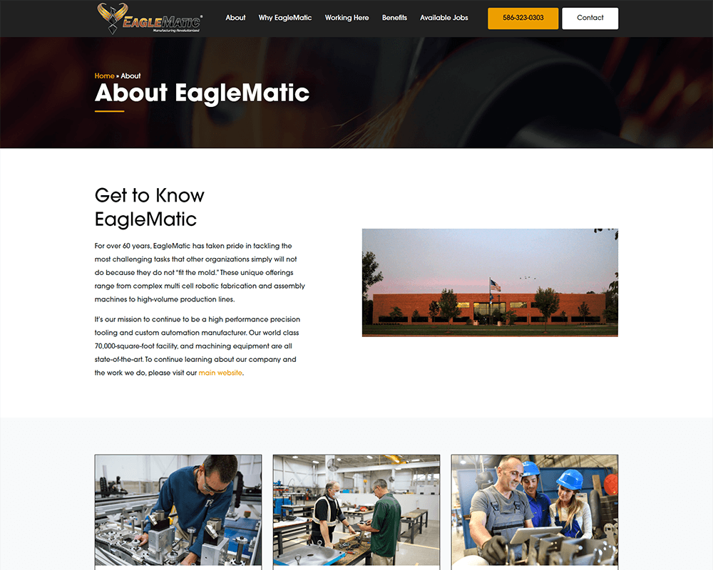 Screenshot of EagleMatic Careers - About EagleMatic page