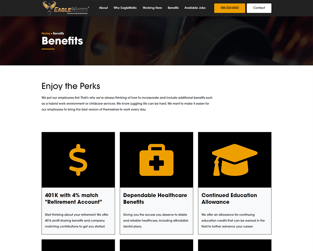 Screenshot of EagleMatic Careers - Benefits page