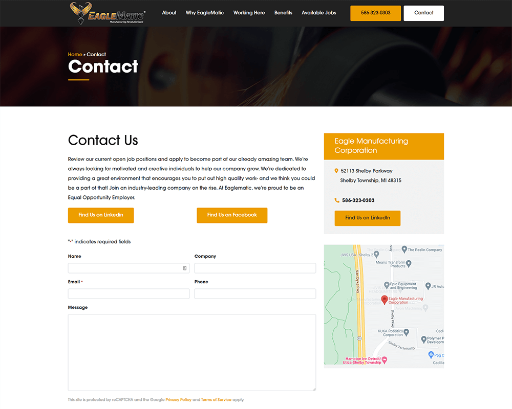 Screenshot of EagleMatic Careers - Contact page