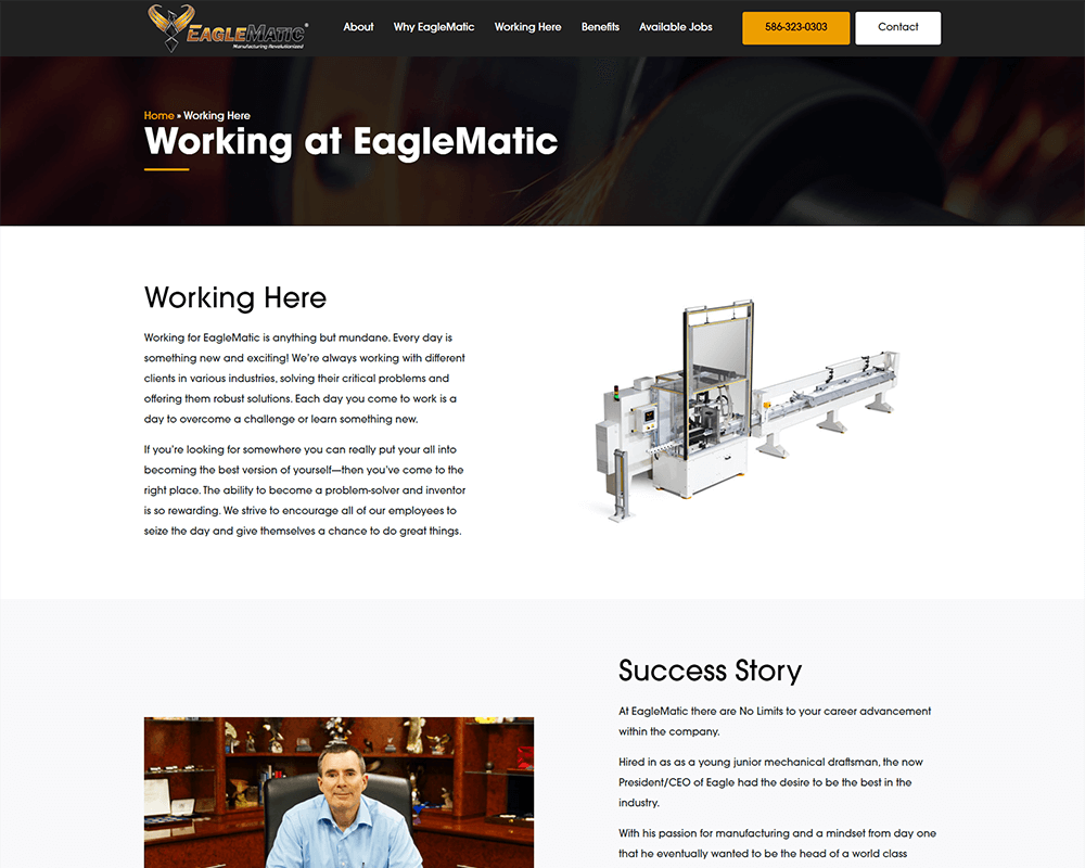 Screenshot of EagleMatic Careers - Working at Eaglematic page