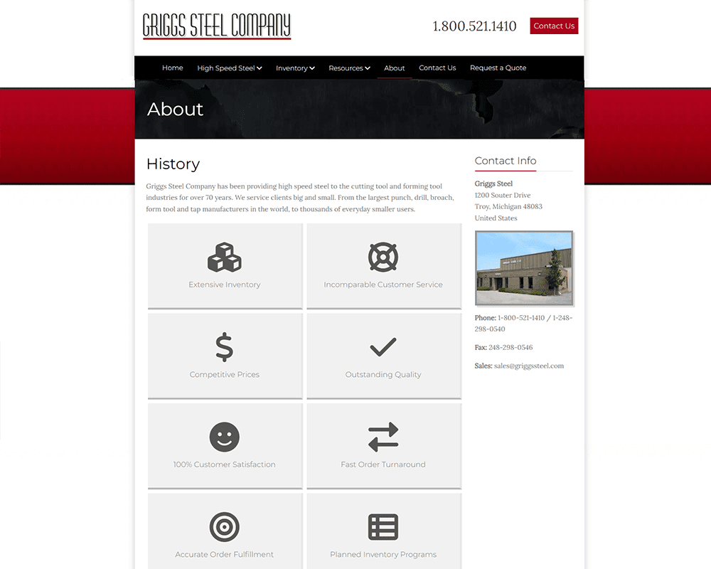 Screenshot of Griggs Steel - About page