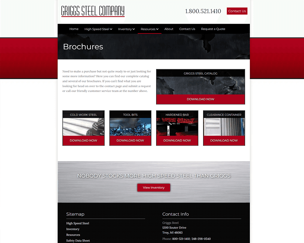 Screenshot of Griggs Steel - Brochures page