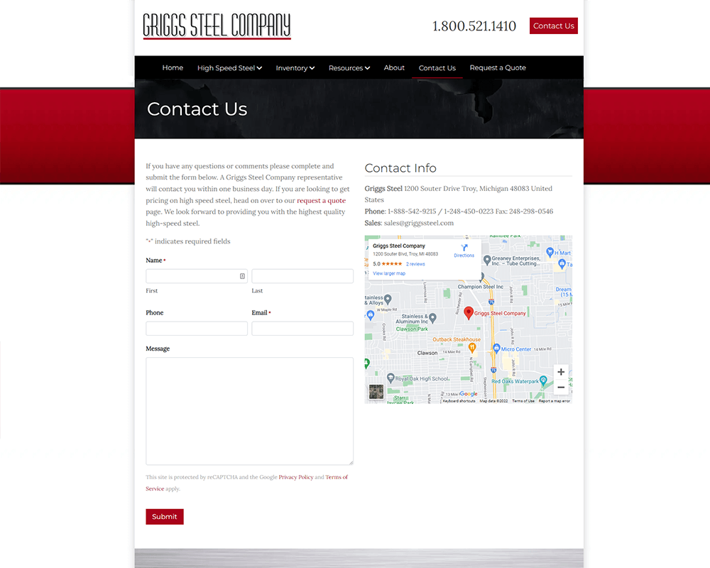 Screenshot of Griggs Steel - Contact Us page