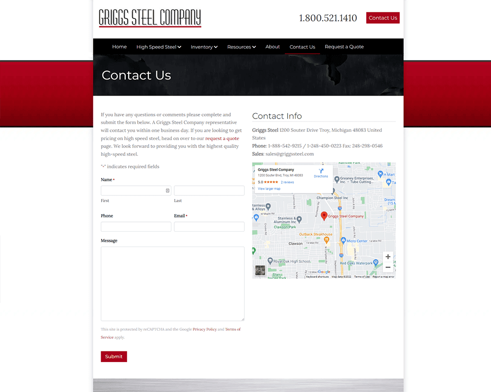 Screenshot of Griggs Steel - Contact Us page