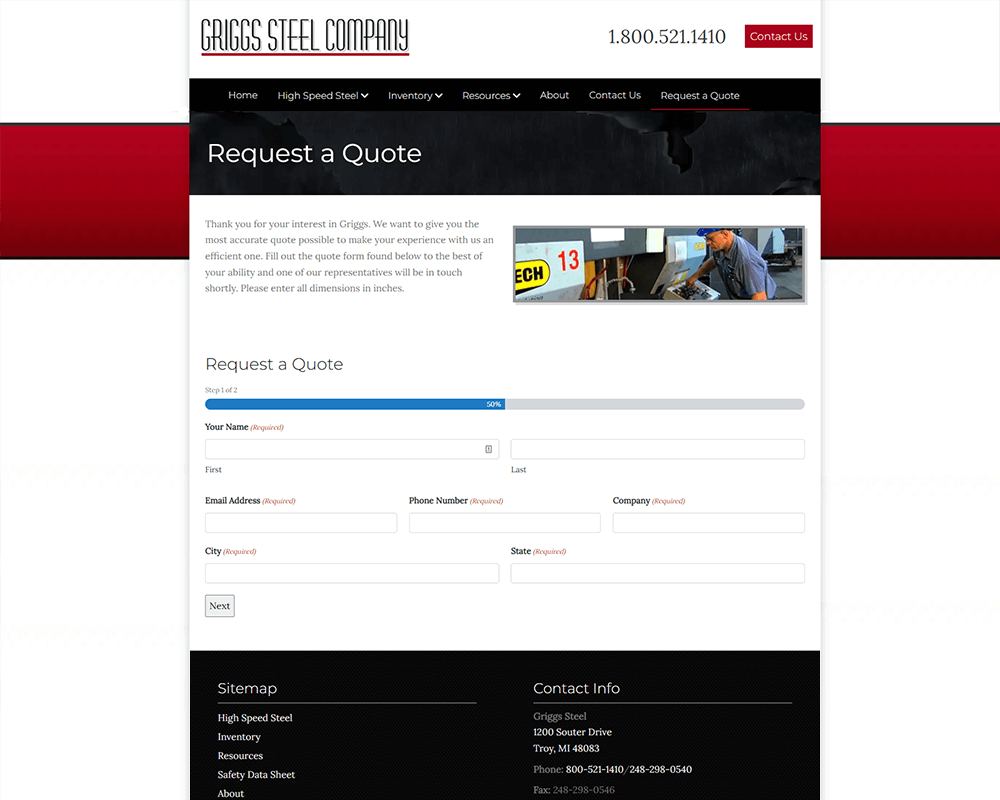 Screenshot of Griggs Steel - Request a Quote page
