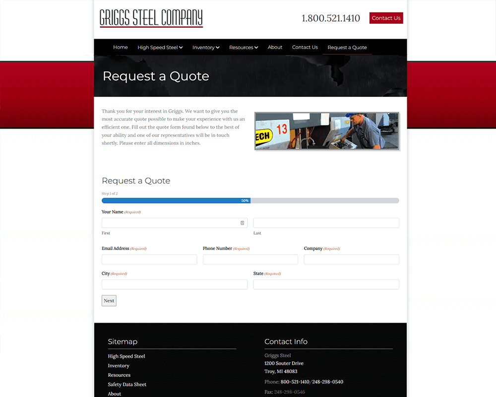 Screenshot of Griggs Steel - Request a Quote page
