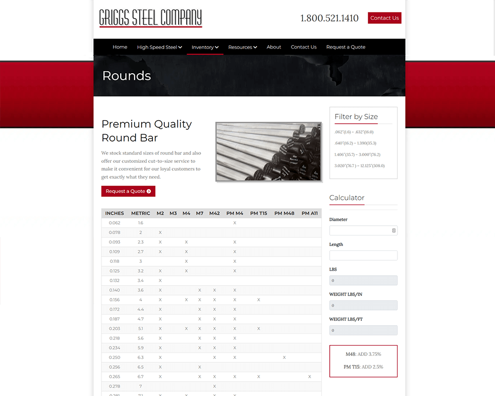 Screenshot of Griggs Steel - Rounds page