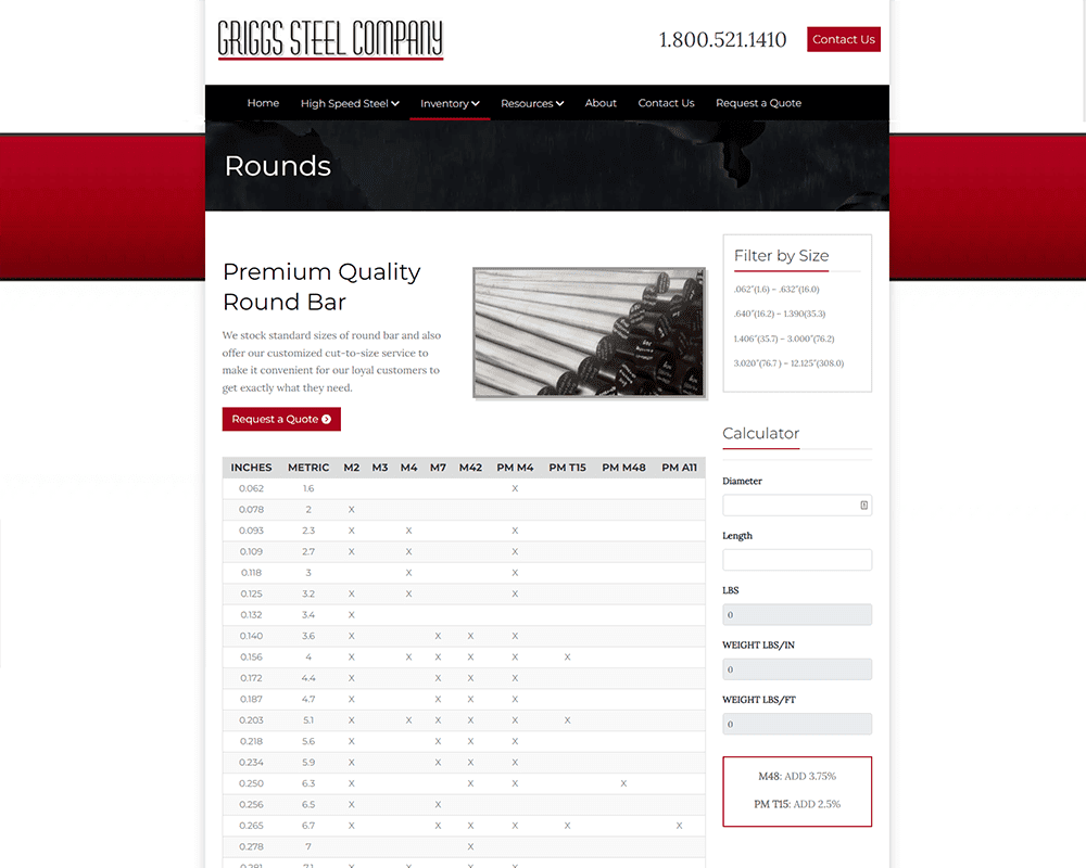 Screenshot of Griggs Steel - Rounds page