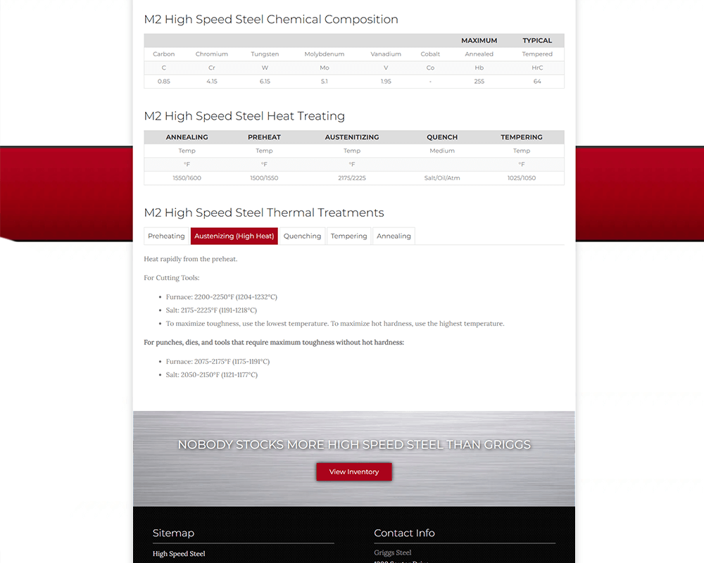Screenshot of Griggs Steel - Tabs section
