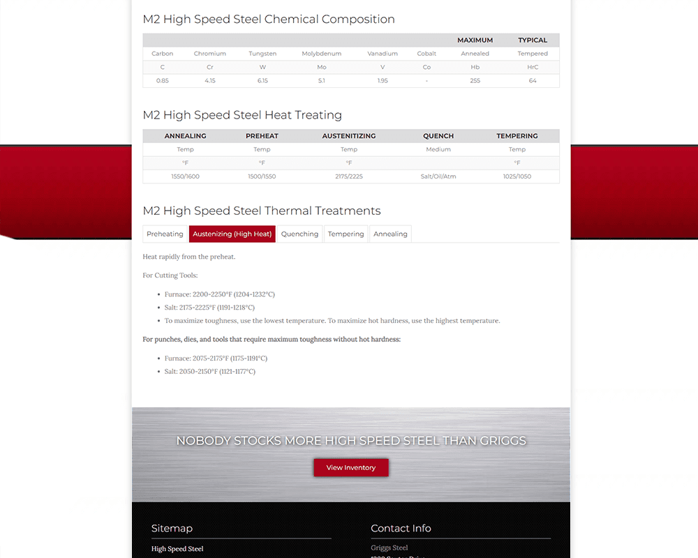 Screenshot of Griggs Steel - Tabs section