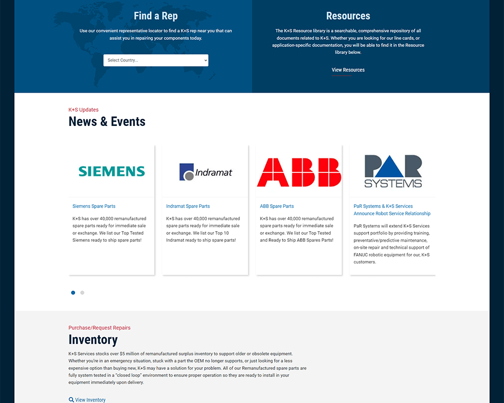 Screenshot of K+S Services - Find a Rep & Resources section and News & Events section