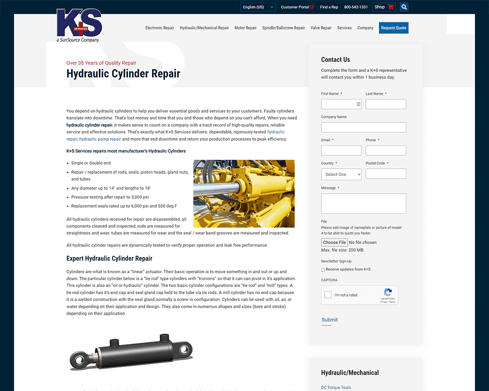 Screenshot of K+S Services - Hydraulic Cylinder Repair page