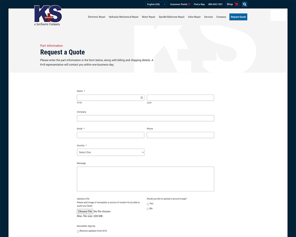 Screenshot of K+S Services - Request a Quote page