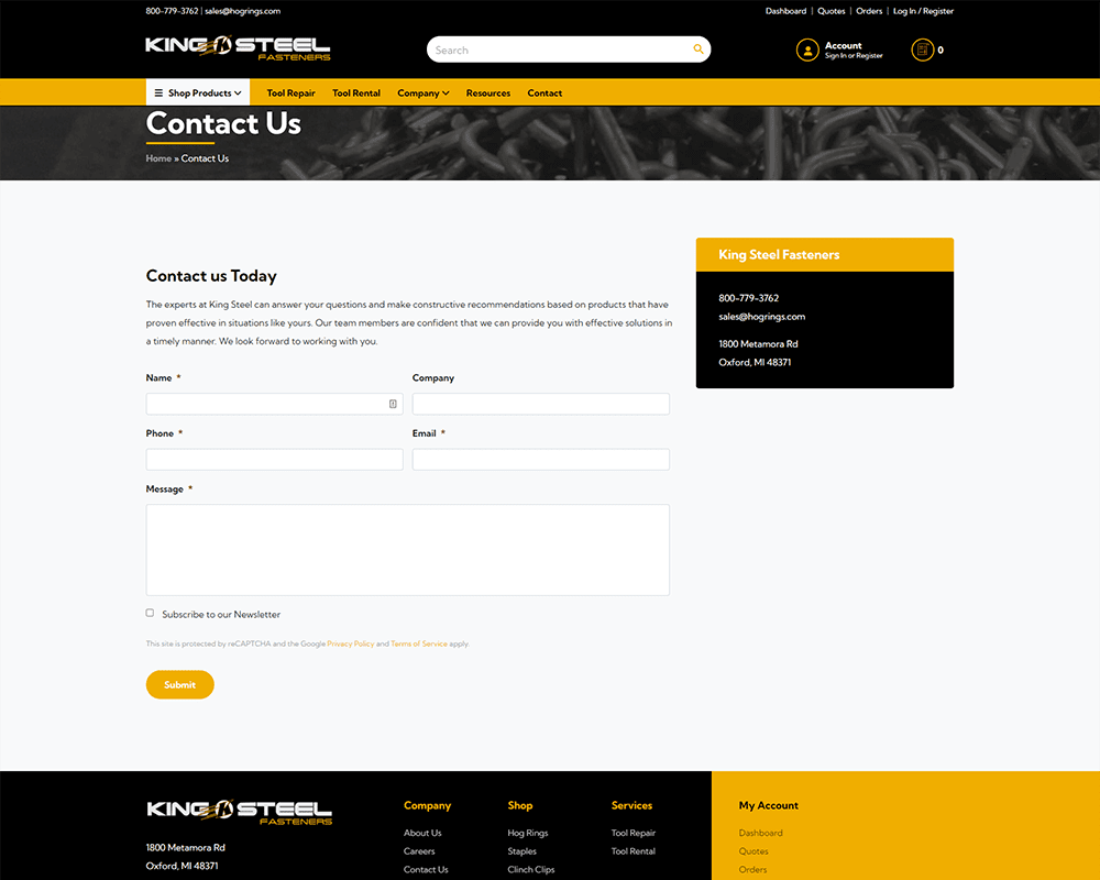 Screenshot of King Steel Fasteners - Contact Us page