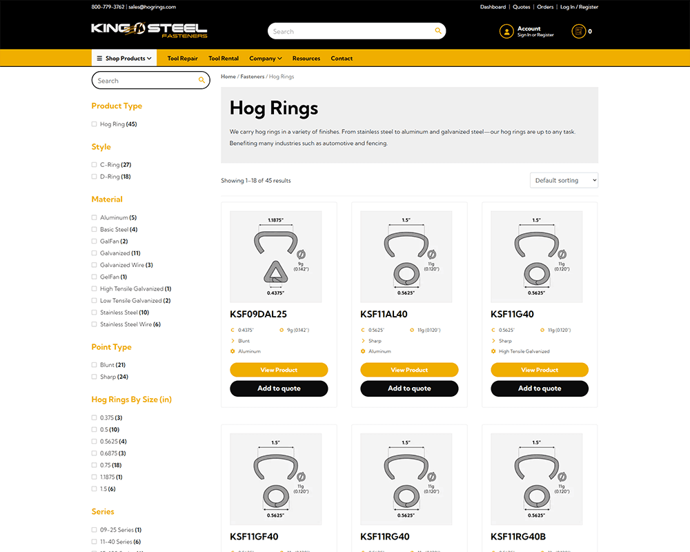 Screenshot of King Steel Fasteners - Hog Rings page