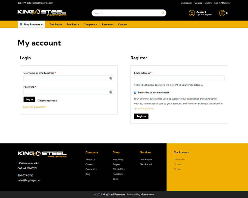 Screenshot of King Steel Fasteners - My Account page