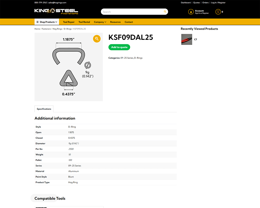 Screenshot of King Steel Fasteners - Product page