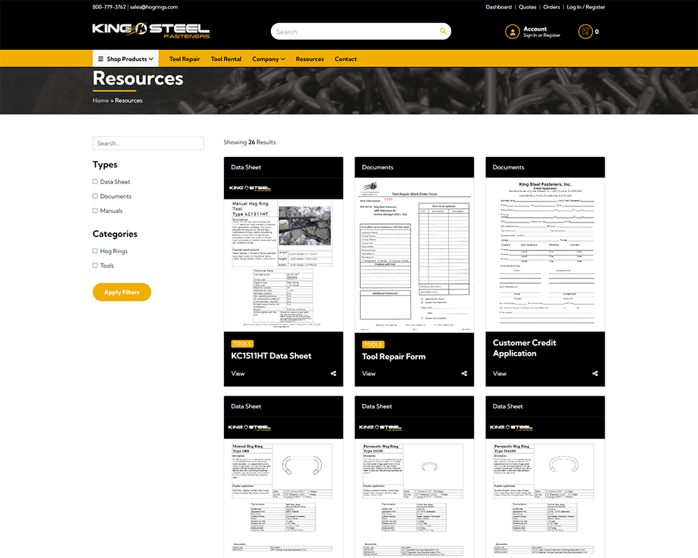 Screenshot of King Steel Fasteners - Resources page