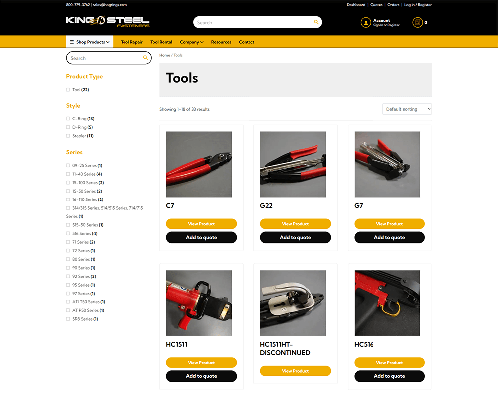 Screenshot of King Steel Fasteners - Tools page