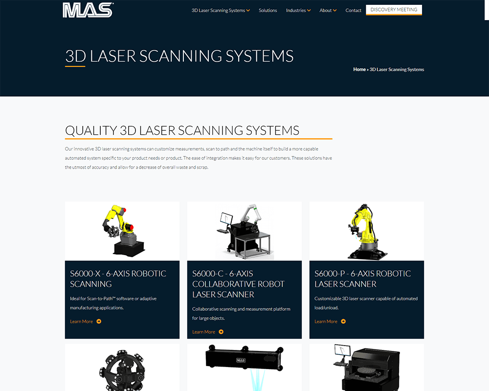 Screenshot of MAS - 3D Laser Scanning Systems page