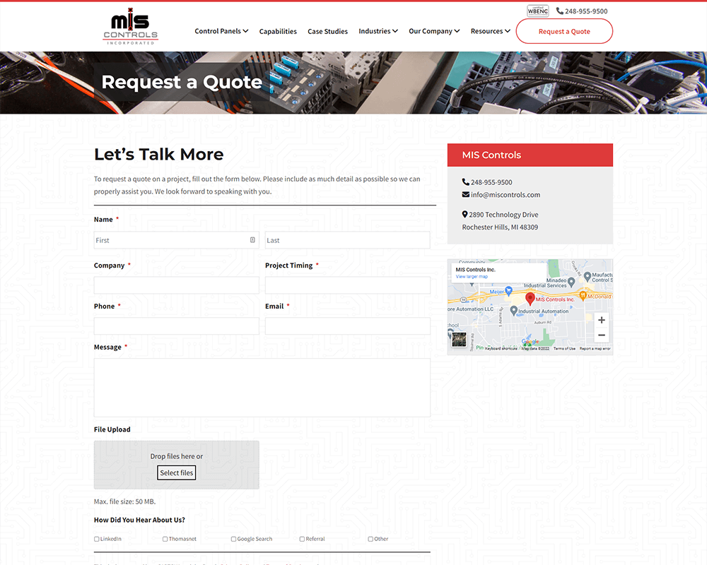 Screenshot of MIS Controls - Request a Quote page