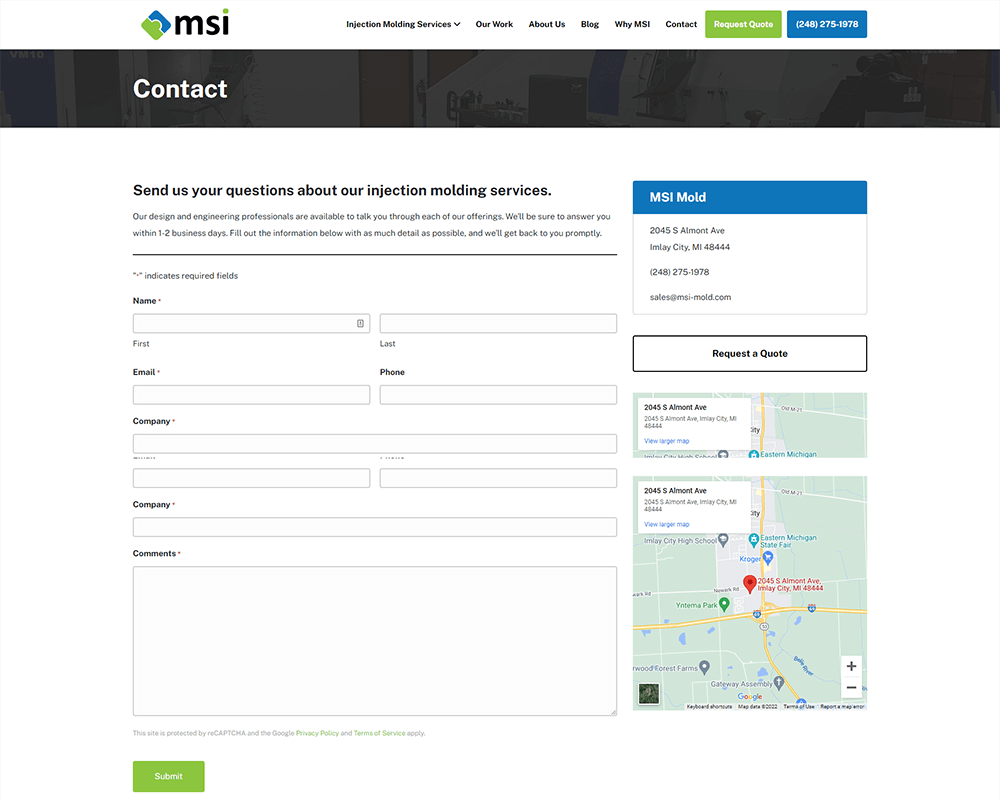 Screenshot of MSI Mold - Contact page