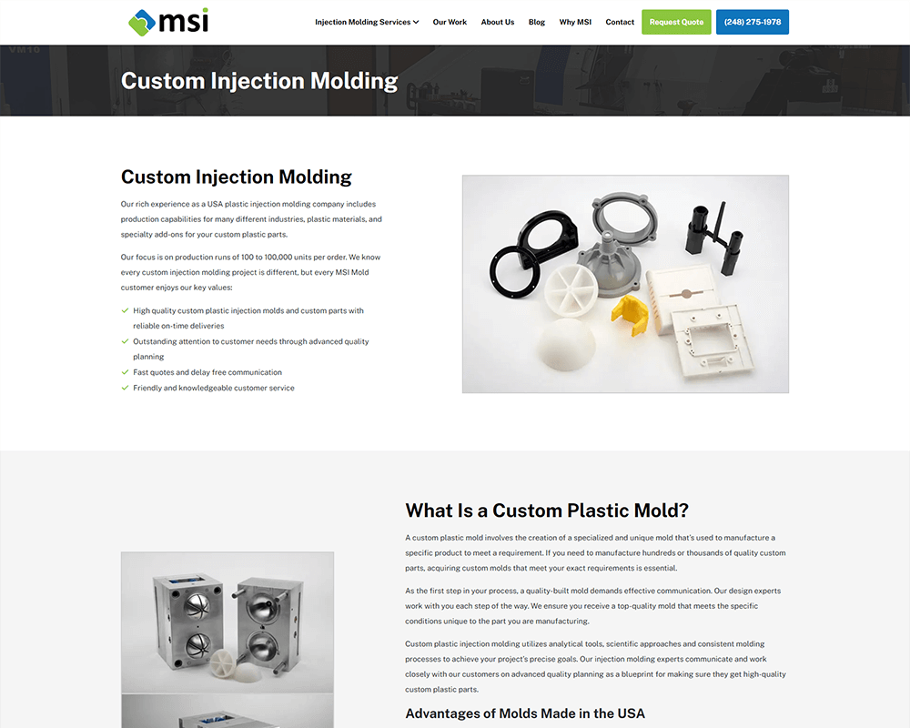 Screenshot of MSI Mold - Custom Injection Molding page