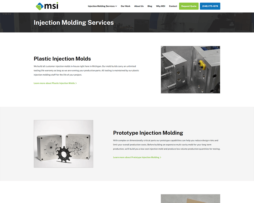 Screenshot of MSI Mold - Injection Molding Services page