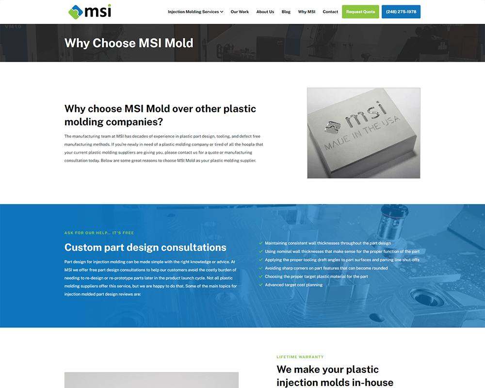 Screenshot of MSI Mold - Why Choose MSI Mold page