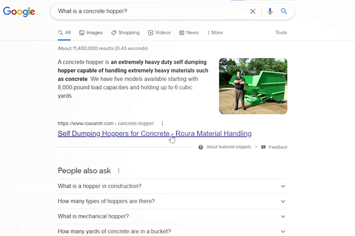Screenshot of Google result for Roura Material Handling