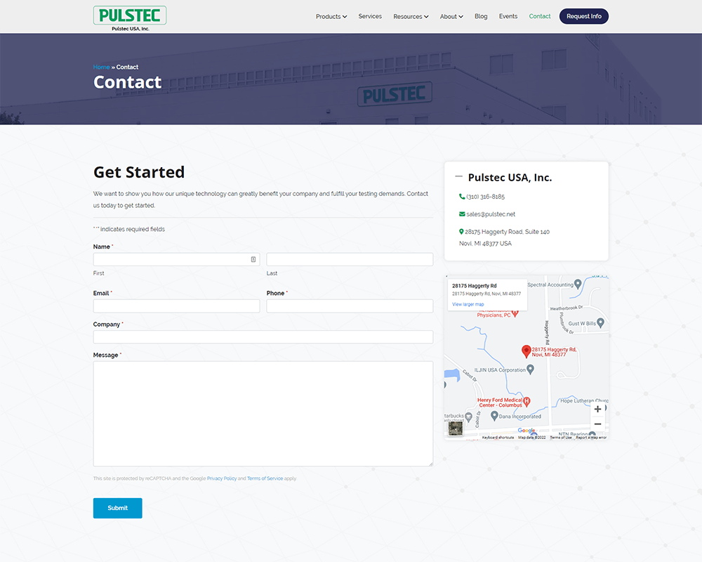 Screenshot of Pulstec USA - Contact page