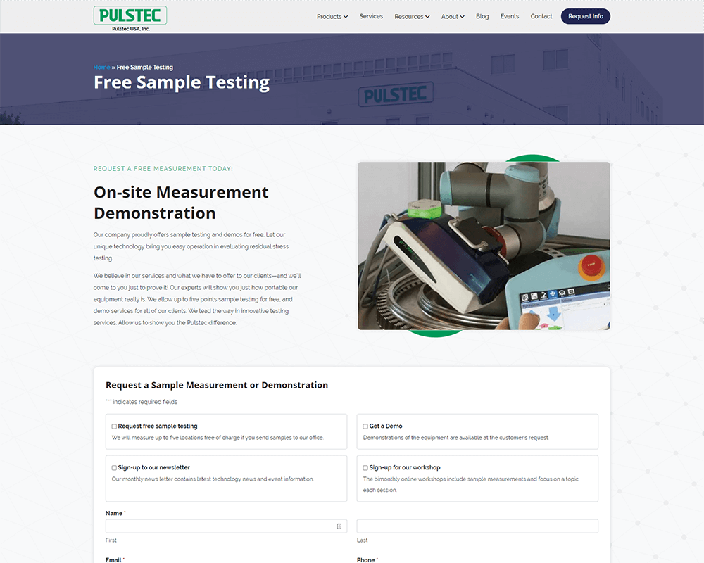 Screenshot of Pulstec USA - Free Sample Testing page