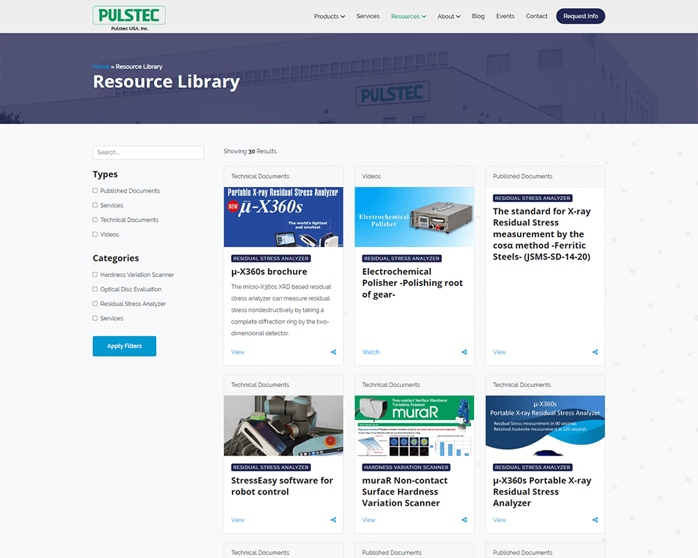 Screenshot of Pulstec USA - Resources page